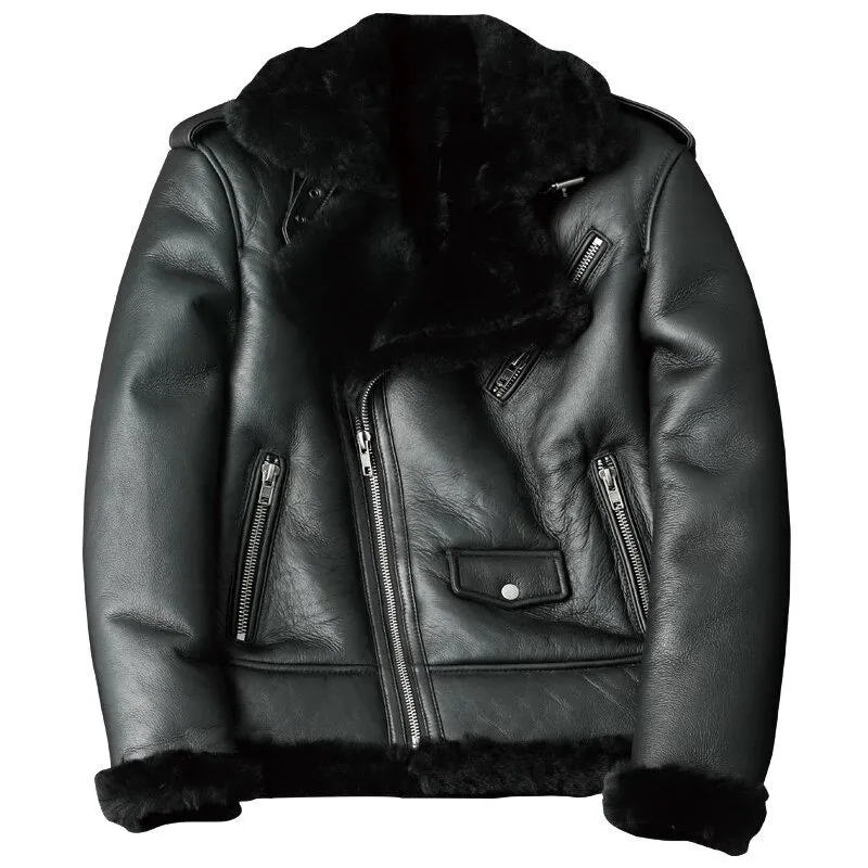 2022 New Men's Oblique Zipper Shearling Sheepskin Leather Motorcycle Jacket Fur Coat