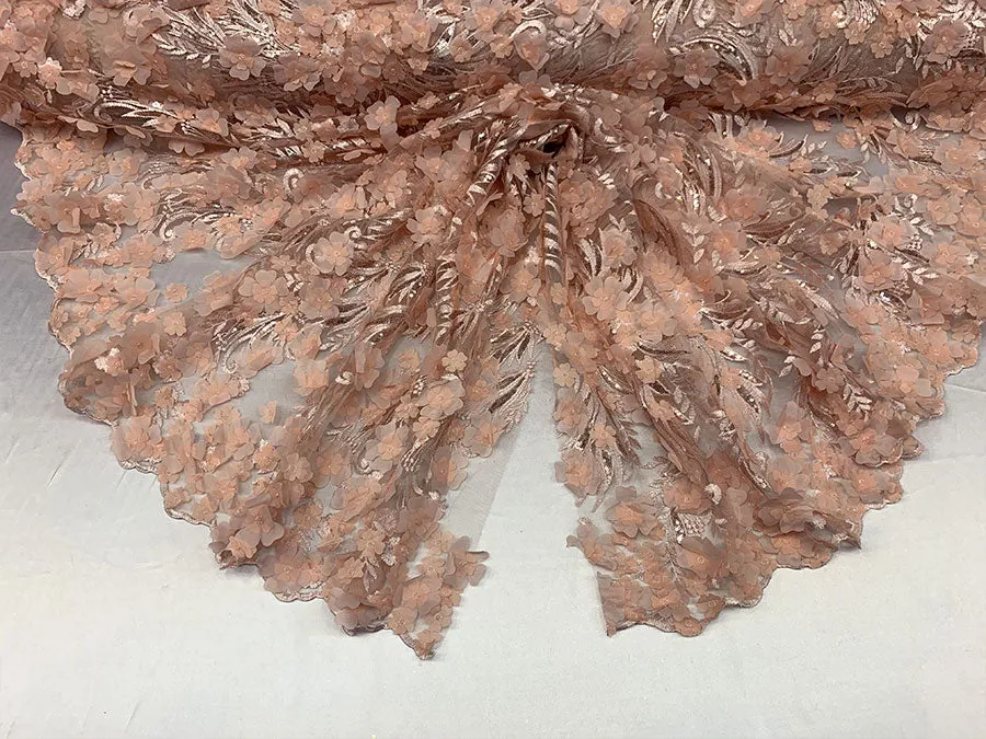 3D Sequins Flowers Peach Veil Bridal Gowns Mesh Lace Fabrics By The Yard