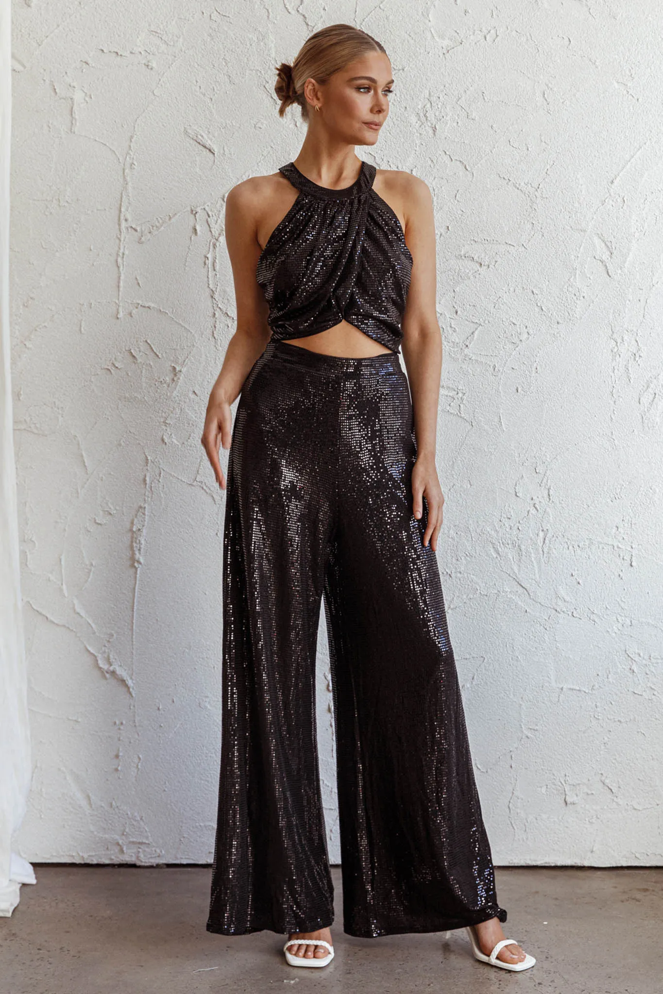 Anything Goes Draped Sequin Crop Top Black