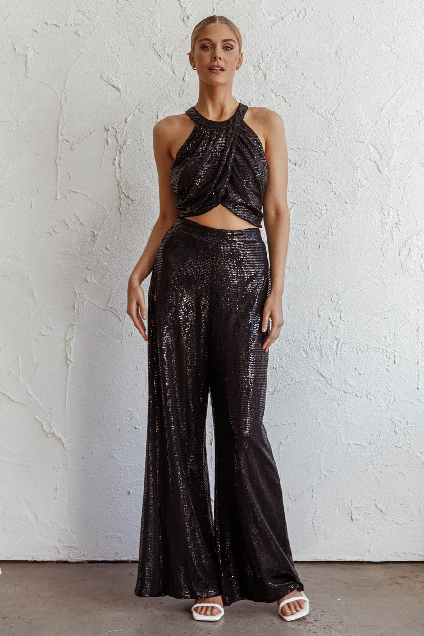 Anything Goes Draped Sequin Crop Top Black