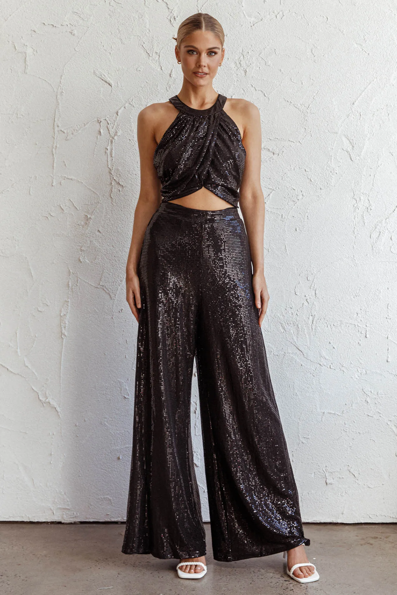 Anything Goes Draped Sequin Crop Top Black