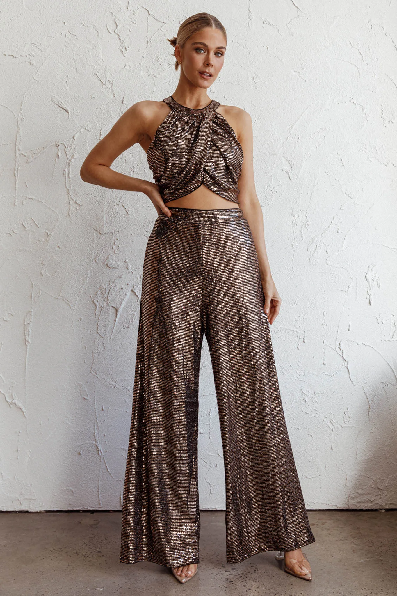 Anything Goes Draped Sequin Crop Top Gold