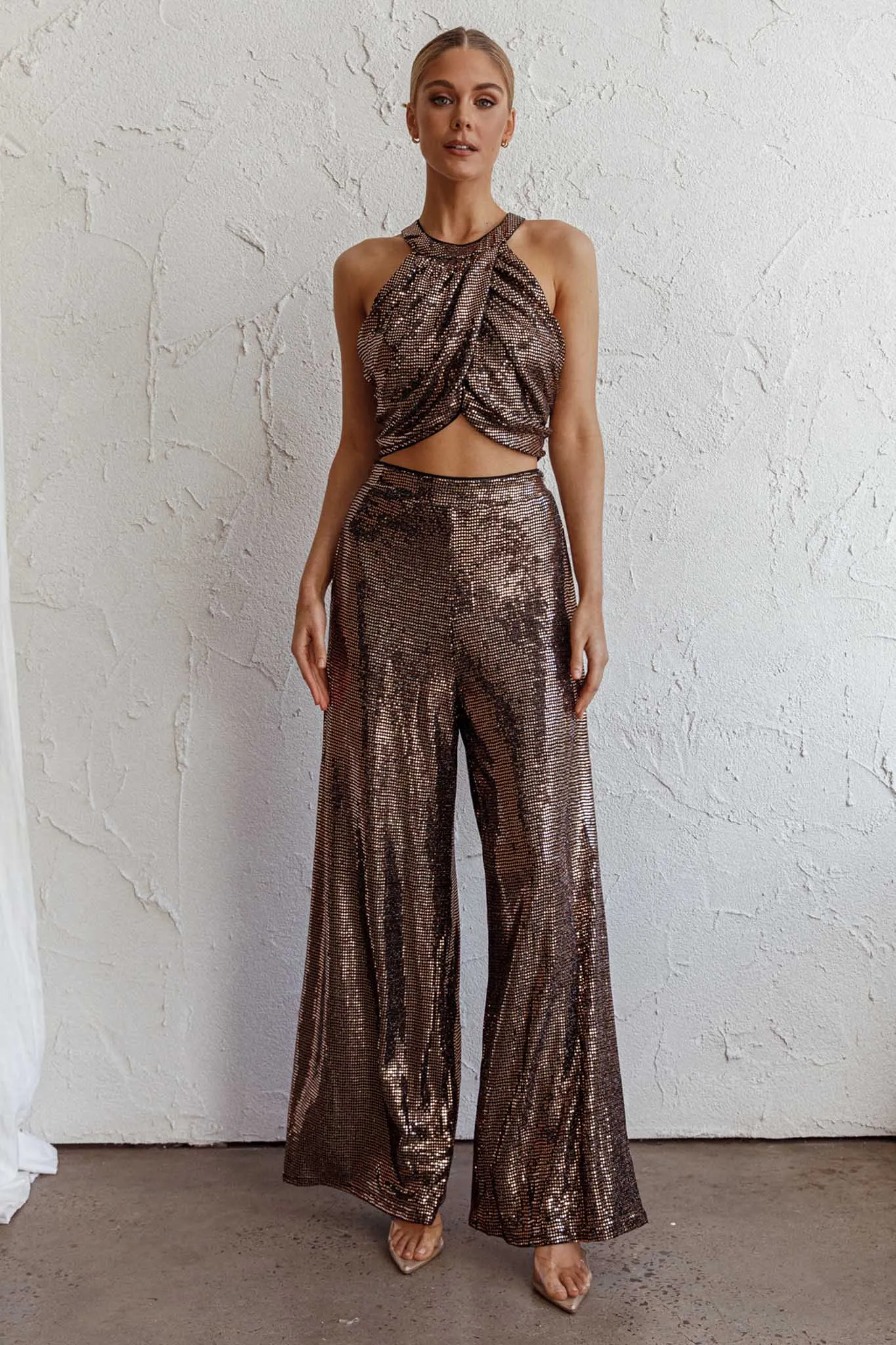 Anything Goes Draped Sequin Crop Top Gold