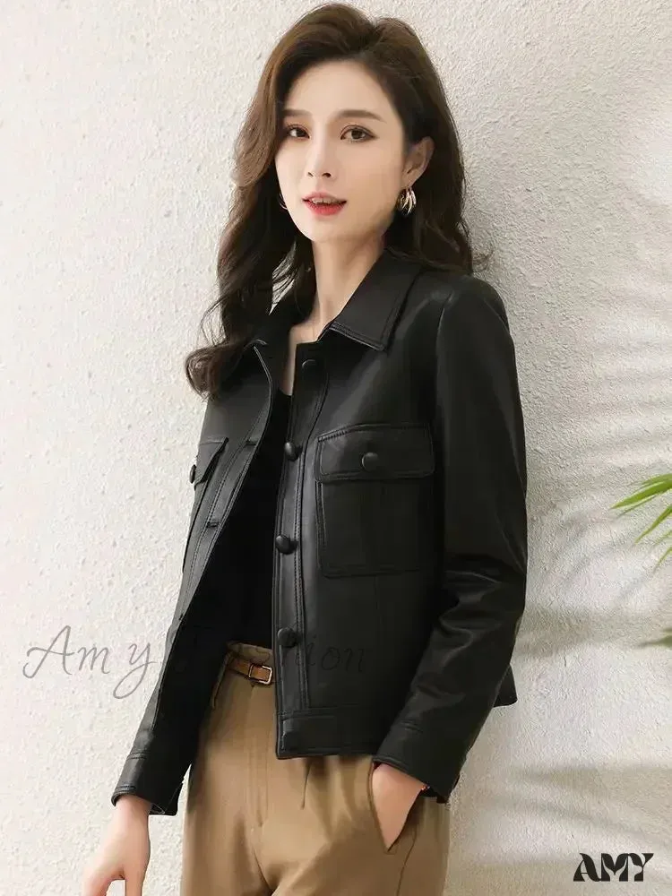 Autumn Winter Leather Lapel Fashion Cool Cardigan Long Sleeve Short Jacket