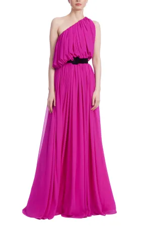 Belted One Shoulder Full Skirt Gown - Fuchsia