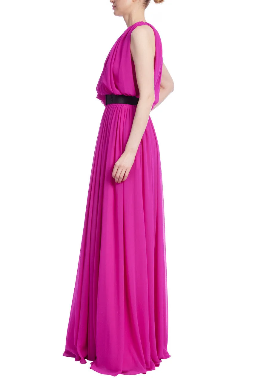 Belted One Shoulder Full Skirt Gown - Fuchsia