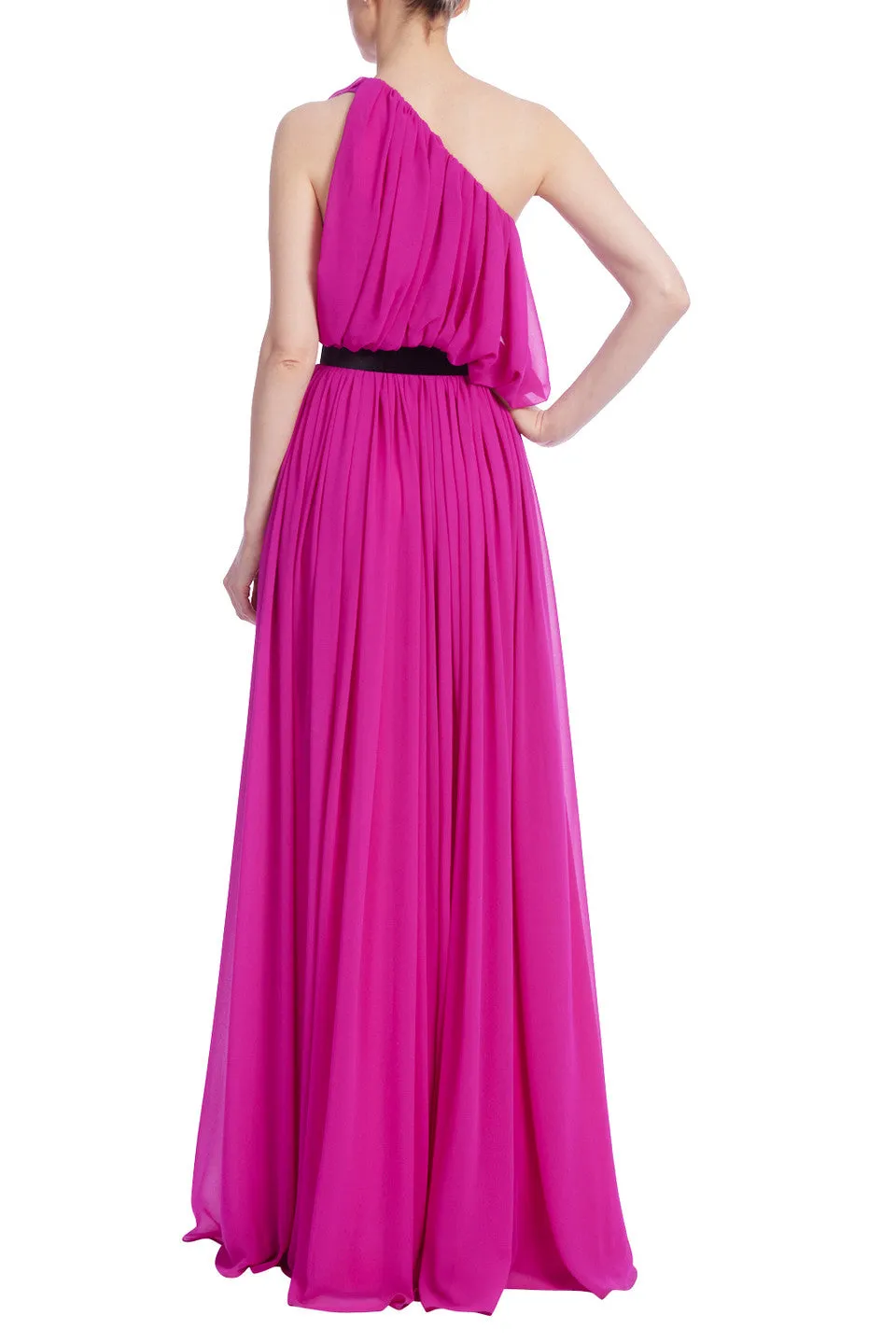 Belted One Shoulder Full Skirt Gown - Fuchsia