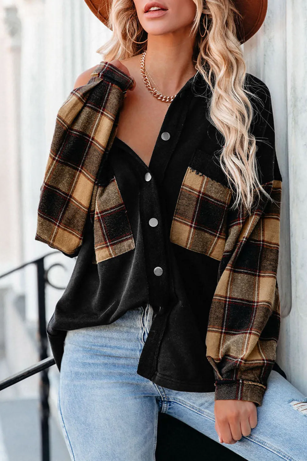 BerryBetty - Black Plaid Patchwork Chest Pockets Oversized Shirt Jacket