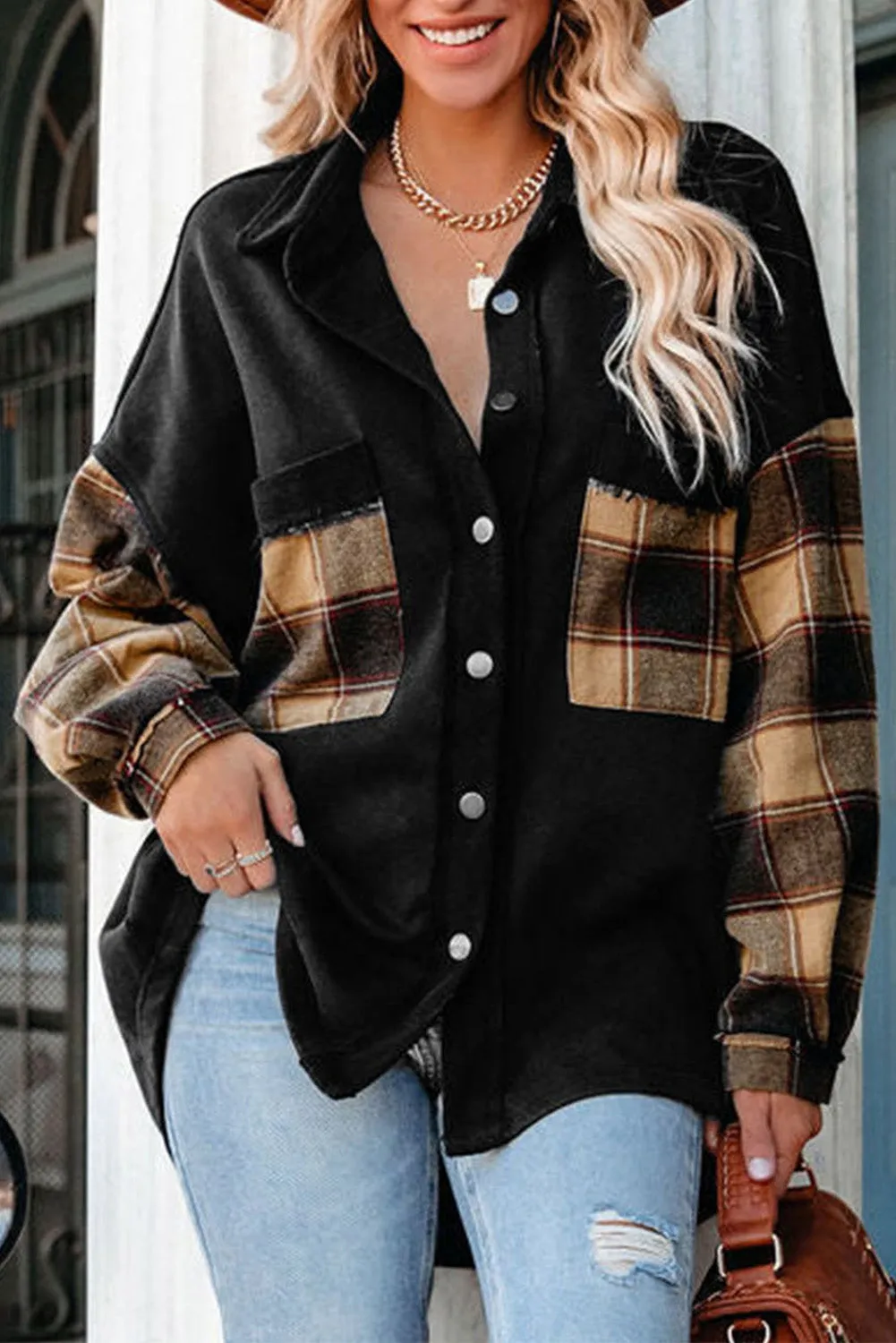 BerryBetty - Black Plaid Patchwork Chest Pockets Oversized Shirt Jacket