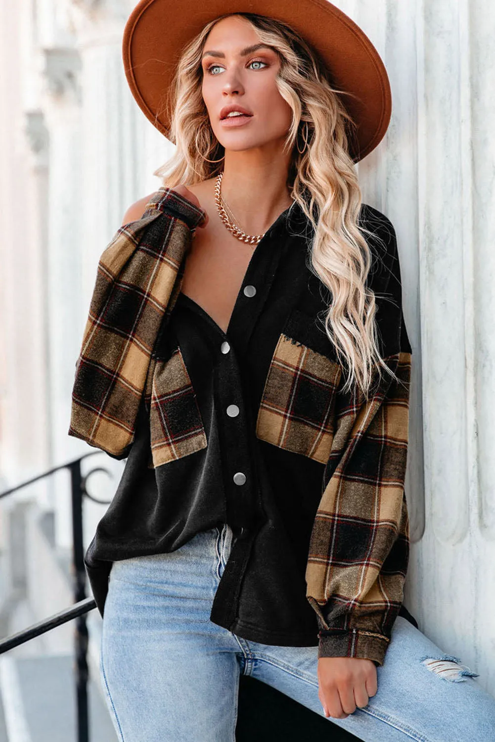 BerryBetty - Black Plaid Patchwork Chest Pockets Oversized Shirt Jacket