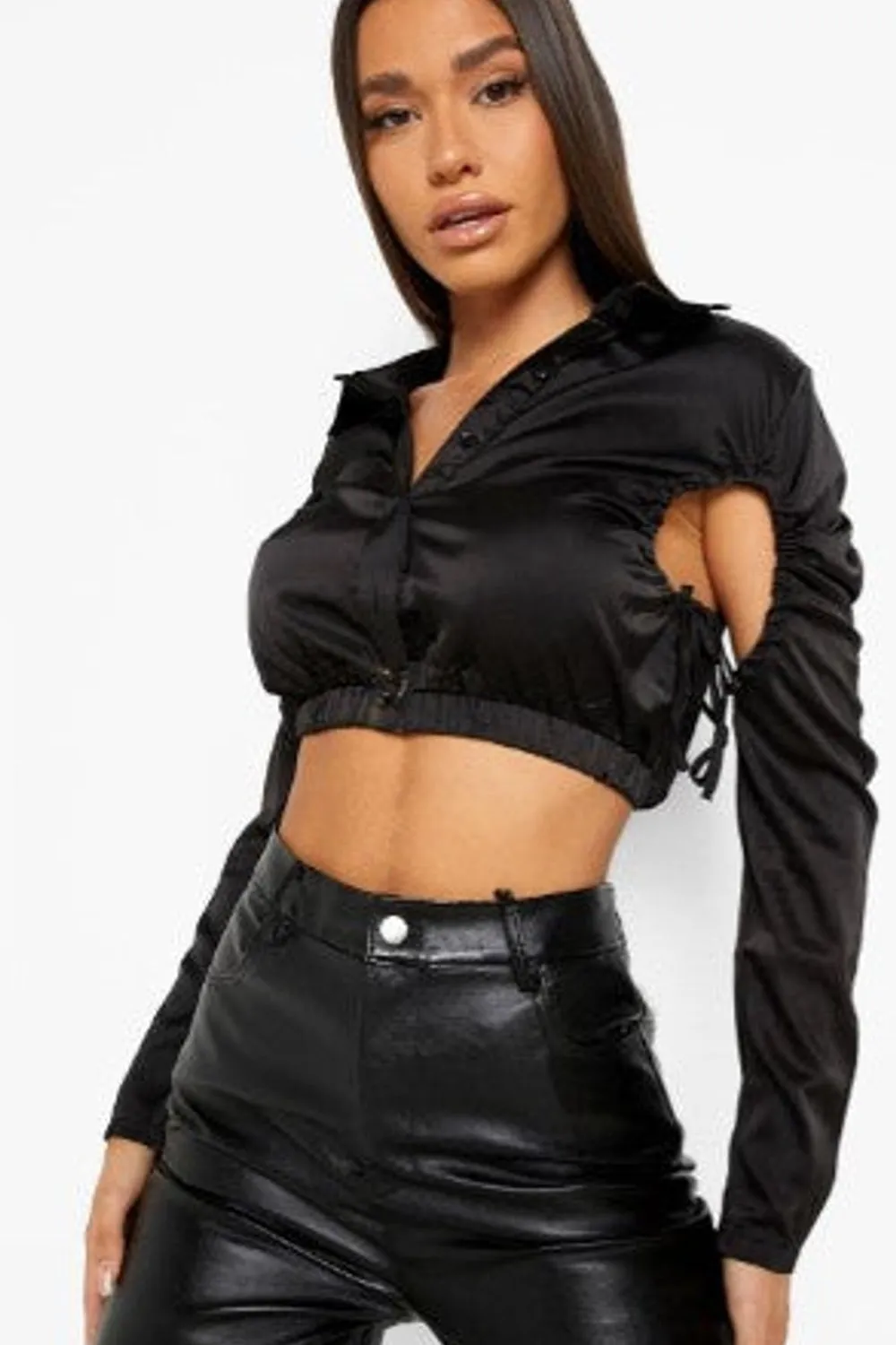 Black Satin Ruched Detail Cropped Shirt