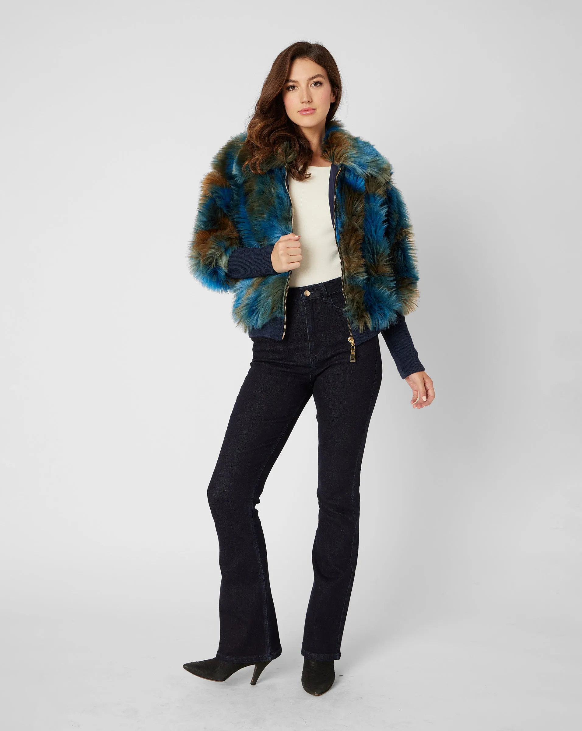 Blue Green Print Faux Fur Bomber Jacket