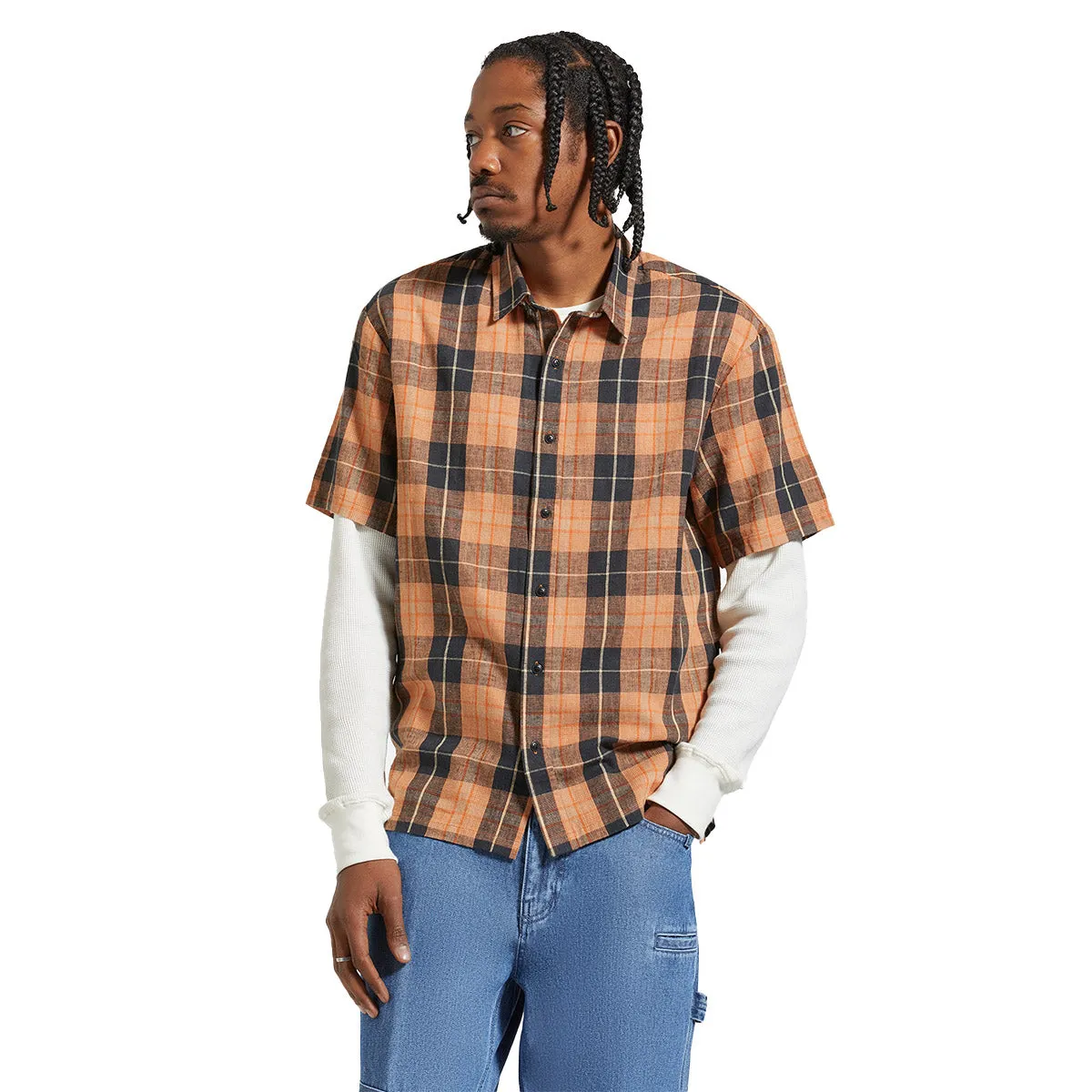 Brixton - Cru Linen Blend Relaxed Woven Shirt Black/Rust Orange