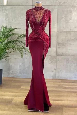 Burgundy Elegant Long Sleeve Prom Dress Mermaid Beadings Evening Gowns