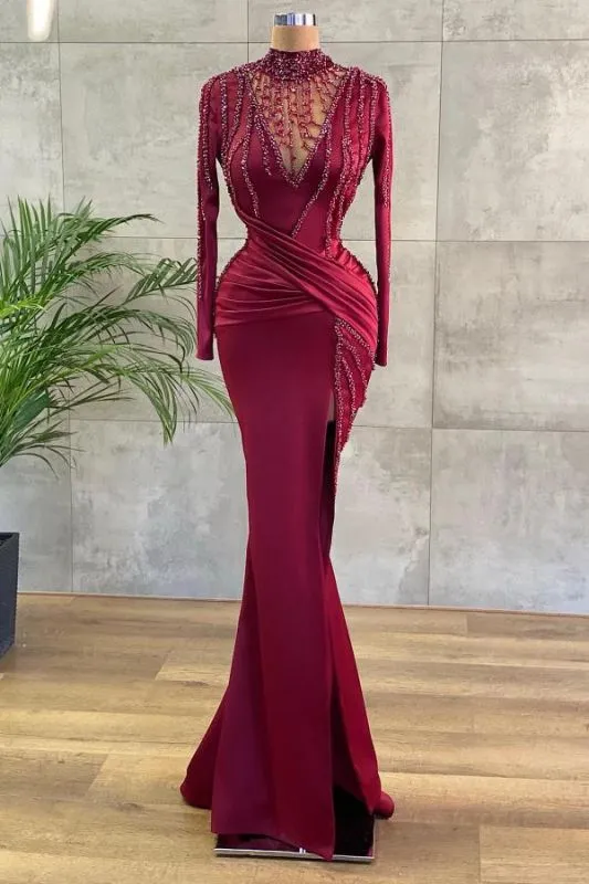 Burgundy Elegant Long Sleeve Prom Dress Mermaid Beadings Evening Gowns