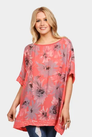 Coral Floral Print Oversized Sequin Top