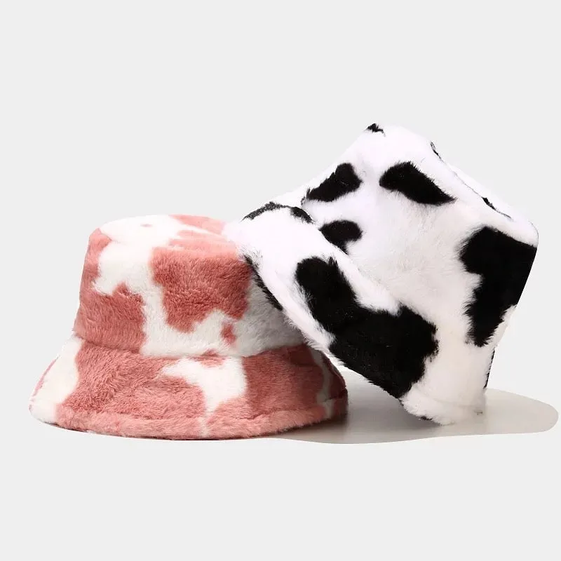 Cow Print Plush Bucket Hats.