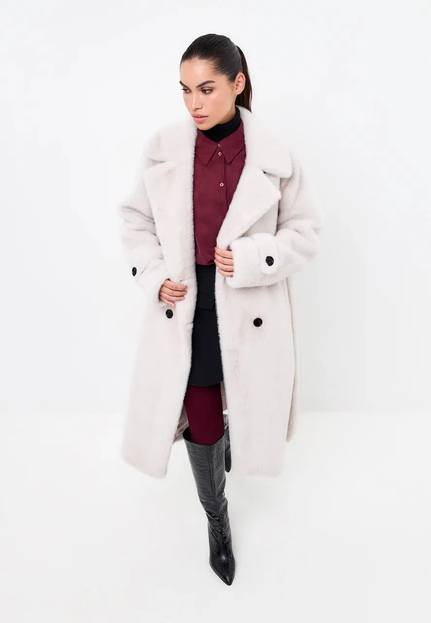 Double-Buttoned Faux Fur Coat Miriam - White