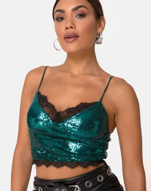 Drilly Top in Teal Mini Sequin With Black Lace