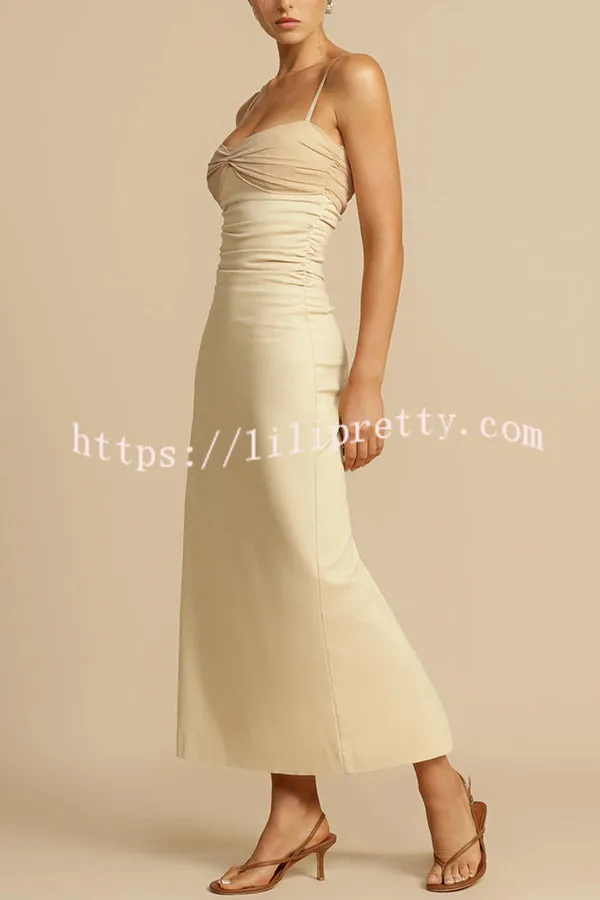 Effortless Elegance Contrast Gauze Fabric Ruched Slit Slip Midi Dress