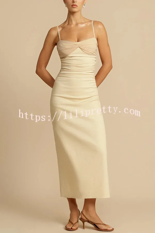 Effortless Elegance Contrast Gauze Fabric Ruched Slit Slip Midi Dress