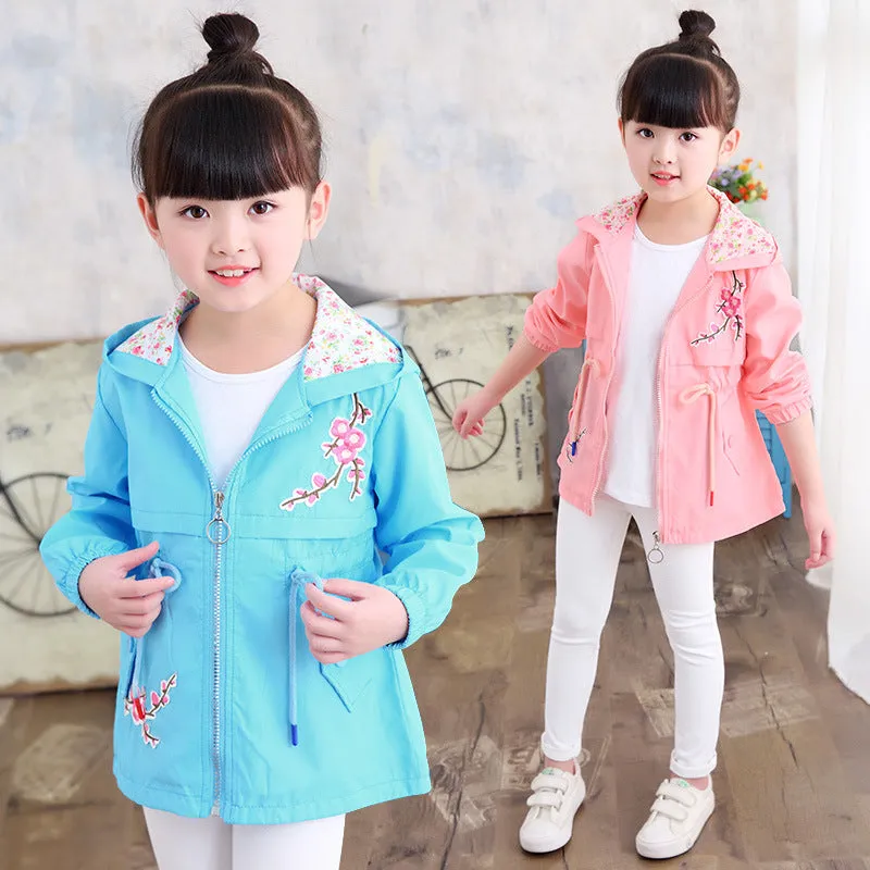 Flower Embroidery Hooded Outwear Kids Girls