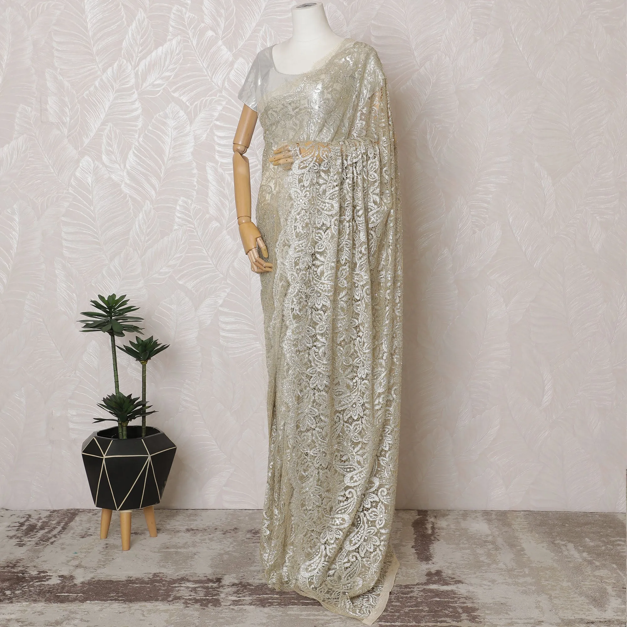 French Metallic Champagne Gold Chantilly Saree Lace with Stone Work – 110 cm Width, 5.5 Meters, Made in France-D19428