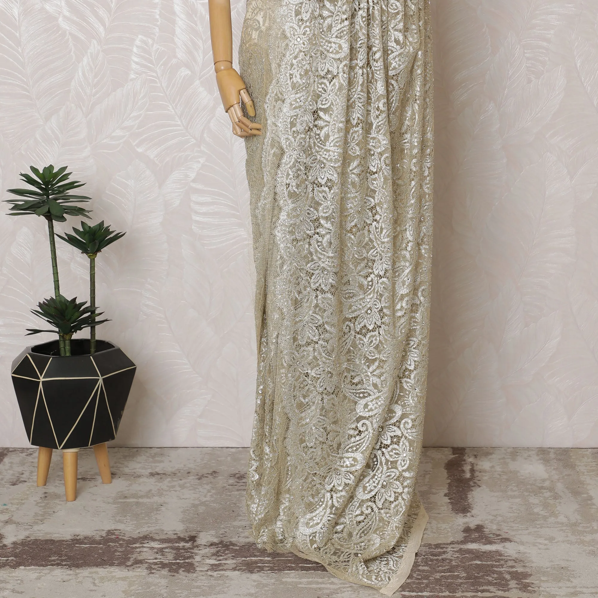 French Metallic Champagne Gold Chantilly Saree Lace with Stone Work – 110 cm Width, 5.5 Meters, Made in France-D19428