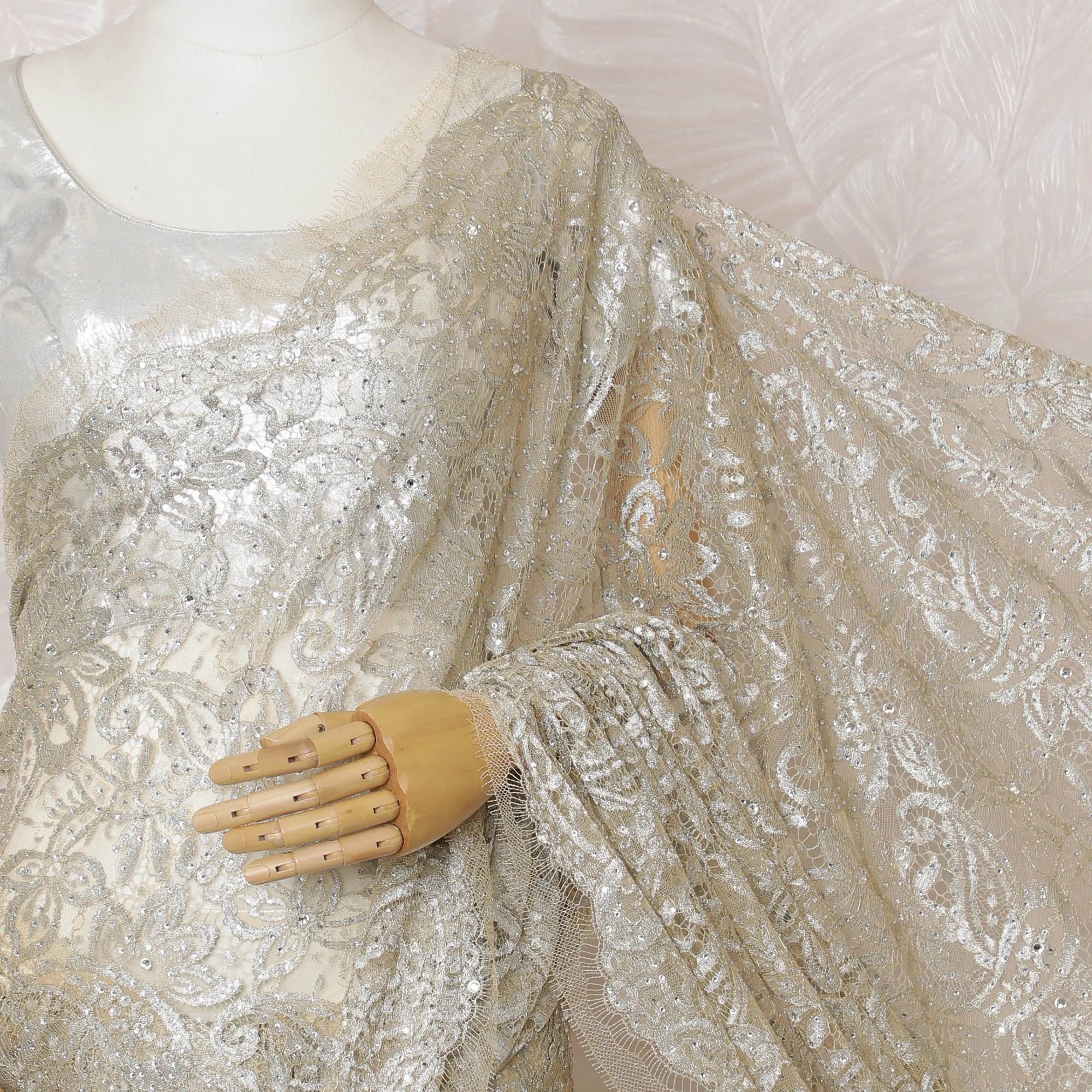 French Metallic Champagne Gold Chantilly Saree Lace with Stone Work – 110 cm Width, 5.5 Meters, Made in France-D19428