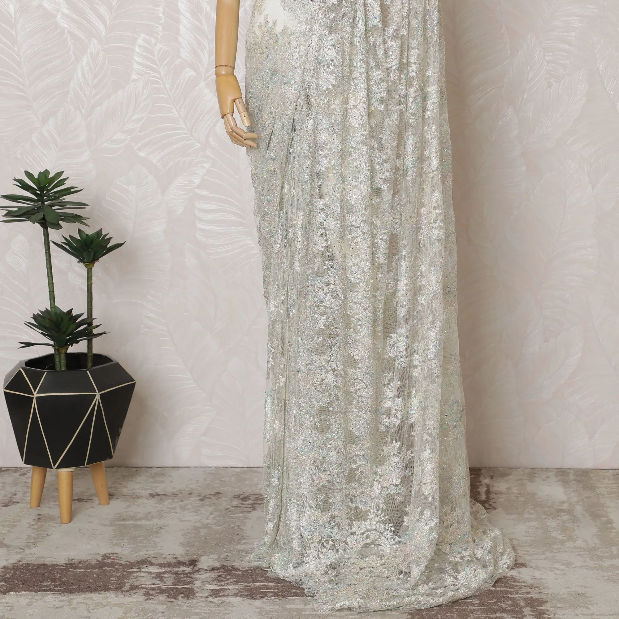 French Metallic Iridescent White Chantilly Saree Lace with Stone Work – 110 cm Width, 5.5 Meters, Made in France-D19425