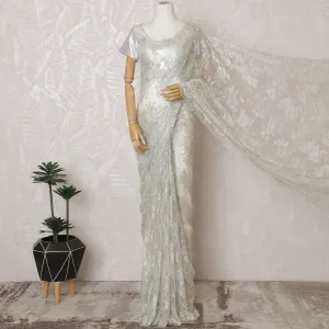 French Metallic Iridescent White Chantilly Saree Lace with Stone Work – 110 cm Width, 5.5 Meters, Made in France-D19425