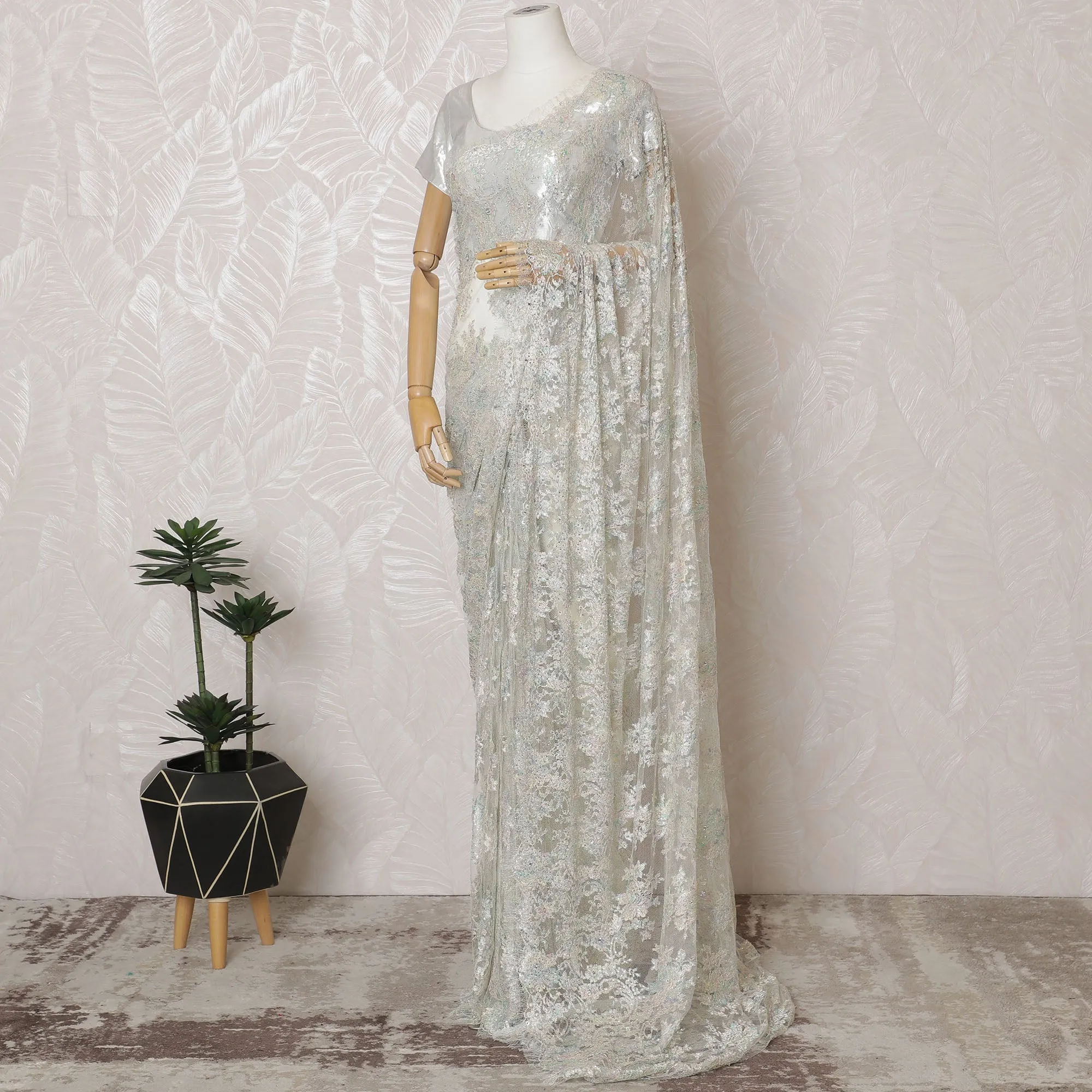 French Metallic Iridescent White Chantilly Saree Lace with Stone Work – 110 cm Width, 5.5 Meters, Made in France-D19425