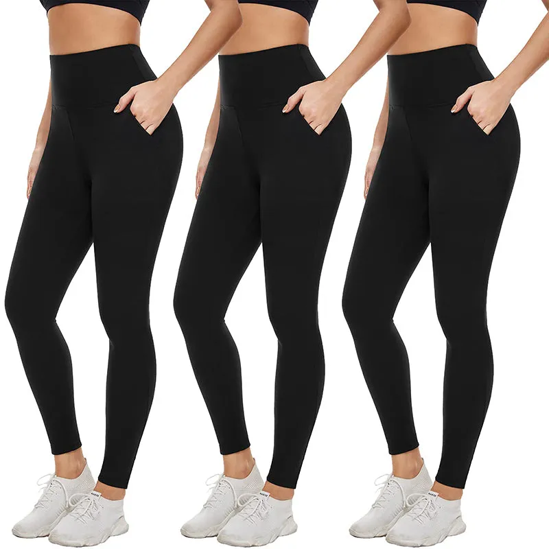 Fullsoft Black 3 Pack Womens Yoga Leggings With Pocket High Waisted Tummy Control Pants