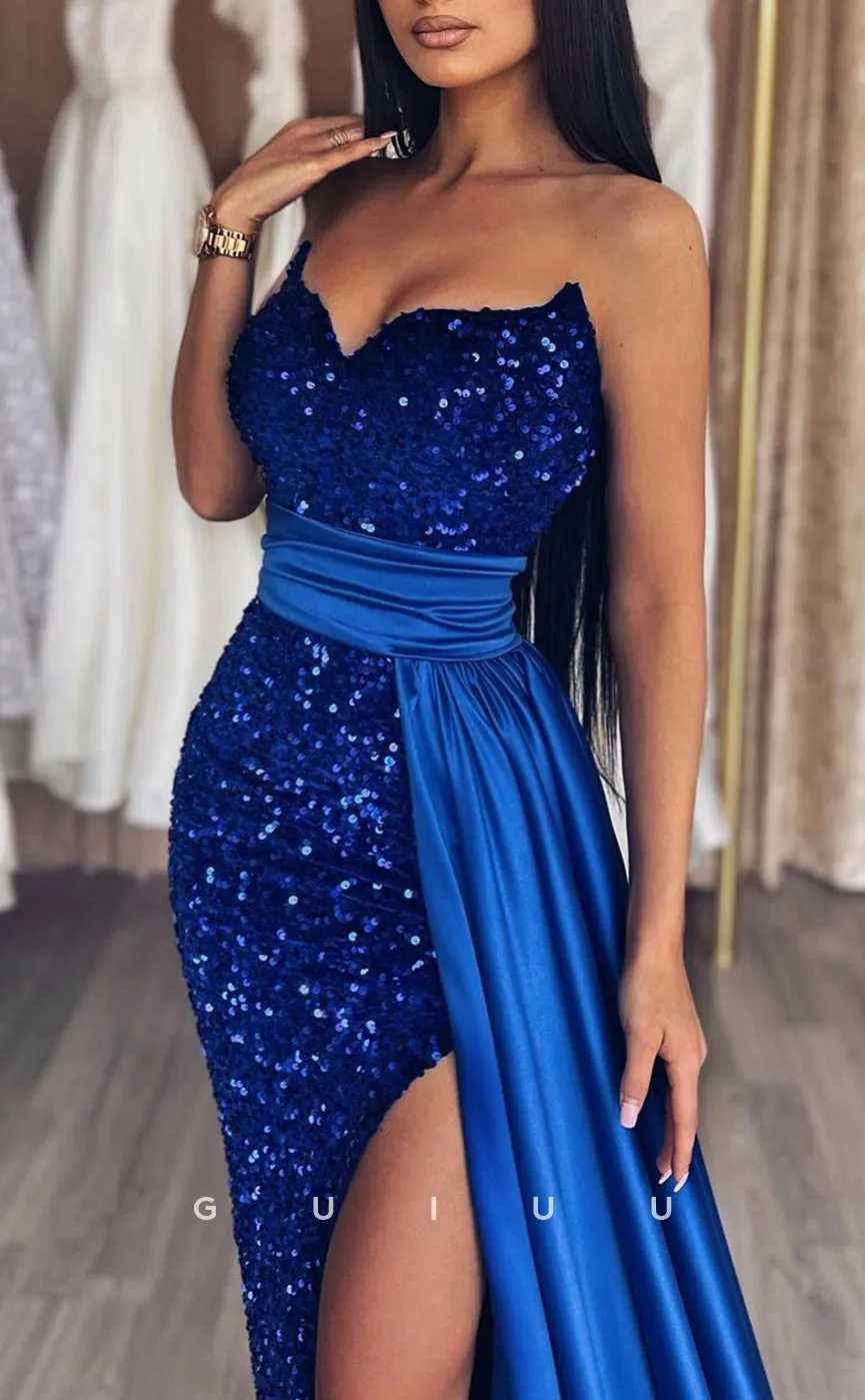 G2547 - Chic Sequins Strapless Glitter Long Prom Evening Dresses With Slit