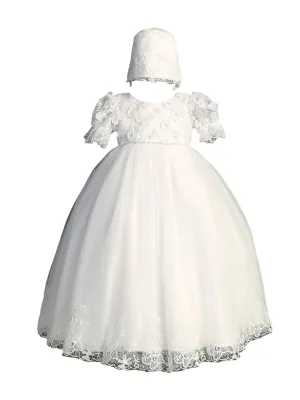 Girls White Floral Lace Bonnet Baptism Gown Outfit, Sizes S-XL