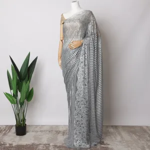 Grey, Silver French Metallic Chantilly Lace Fabric with Stone Work, 5.5 Meters-110 Cms-D21044