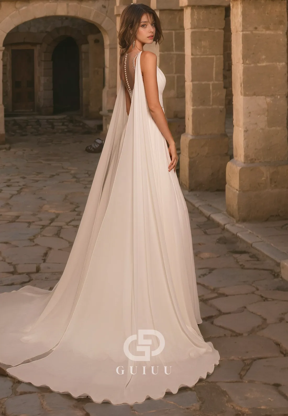 GW1051 - Elegant & Timeless A-Line V Neck Straps Sleeveless Chiffon Wedding Dress