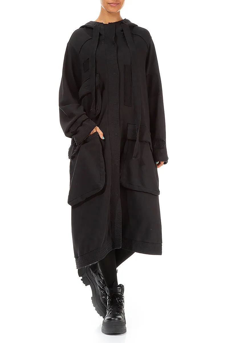 Hooded Three Pockets Black Cotton Jacket