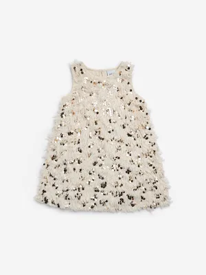 HOP Kids Light Gold Sequined Faux-Fur Party Dress