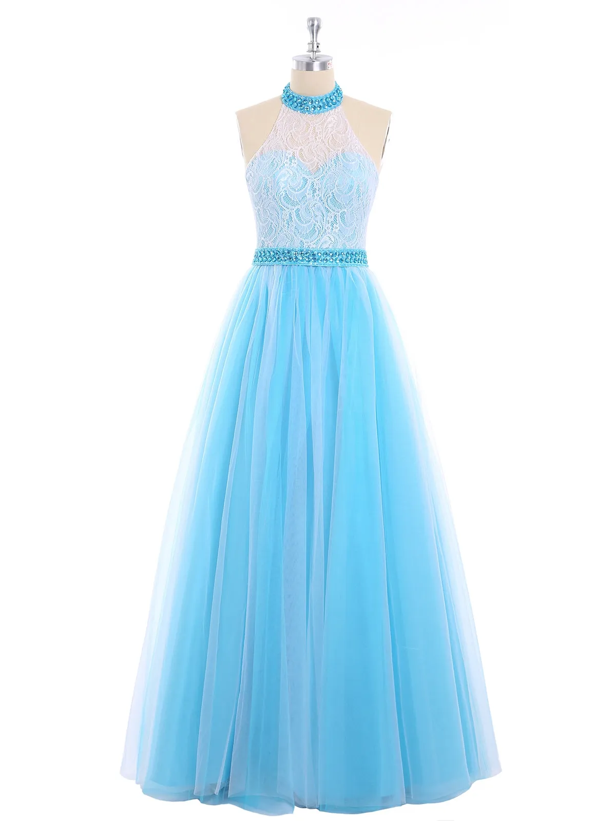 Illusion High Neck Lace and Tulle Dress-Ocean Blue Plus Size