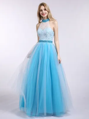 Illusion High Neck Lace and Tulle Dress-Ocean Blue Plus Size