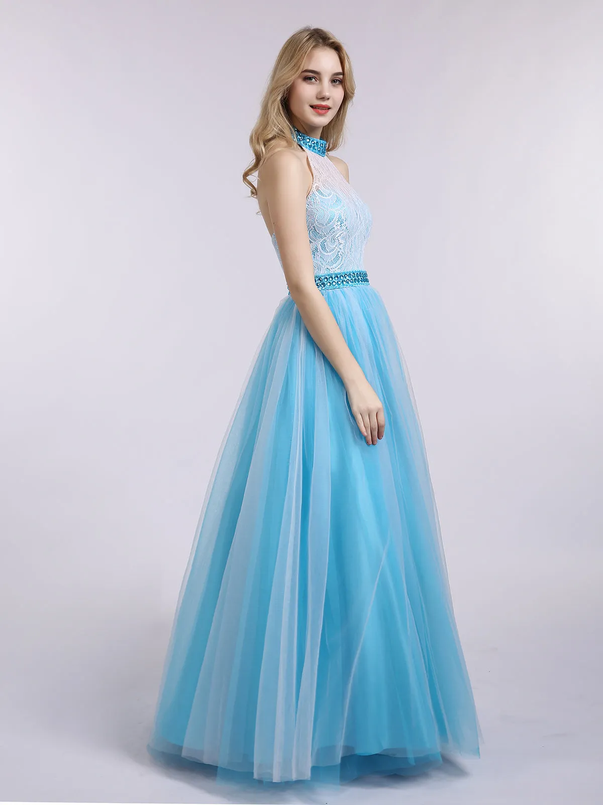 Illusion High Neck Lace and Tulle Dress-Ocean Blue Plus Size