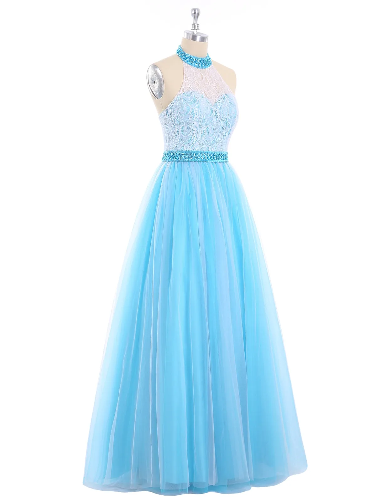 Illusion High Neck Lace and Tulle Dress-Ocean Blue Plus Size