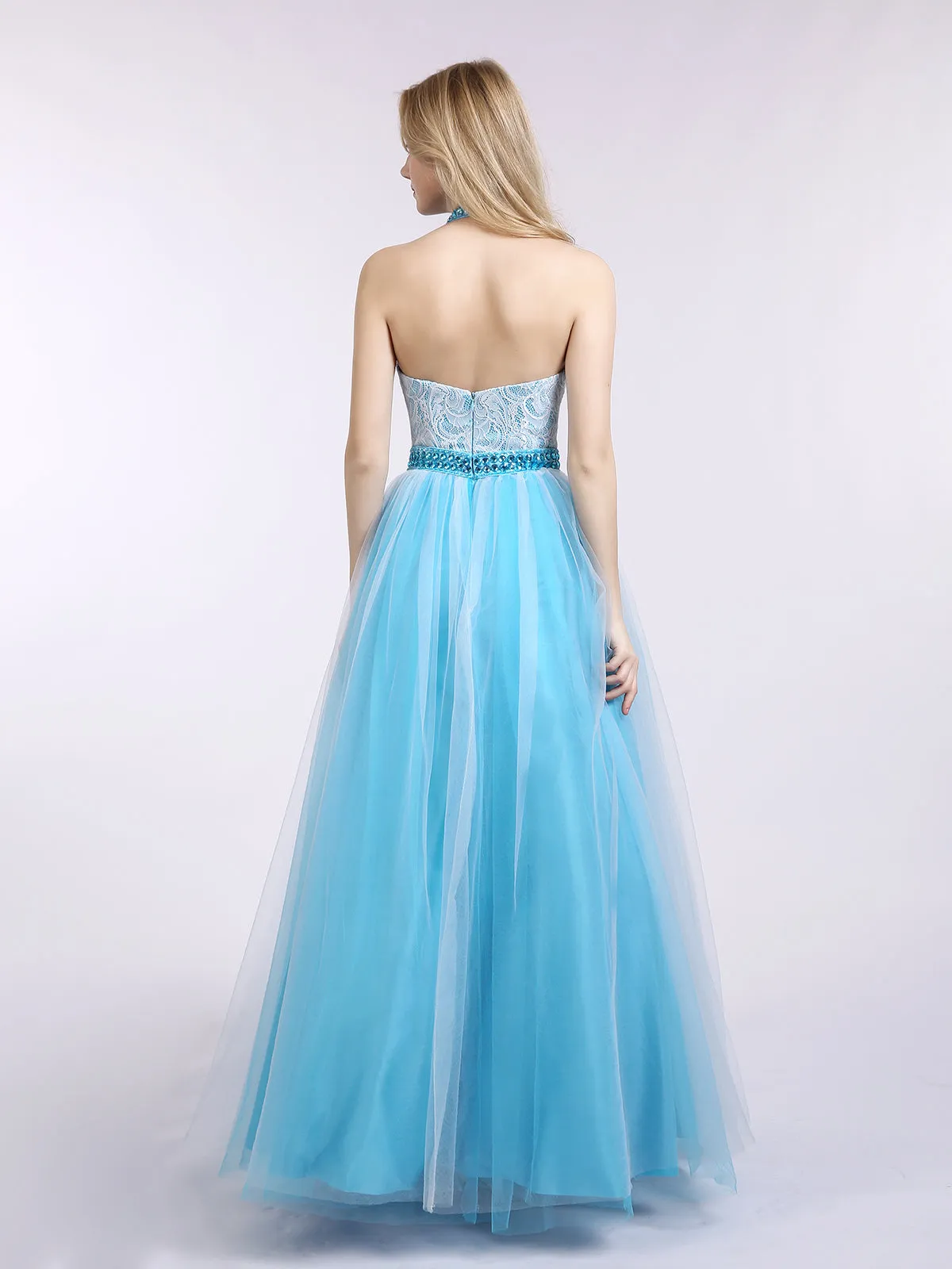 Illusion High Neck Lace and Tulle Dress-Ocean Blue Plus Size