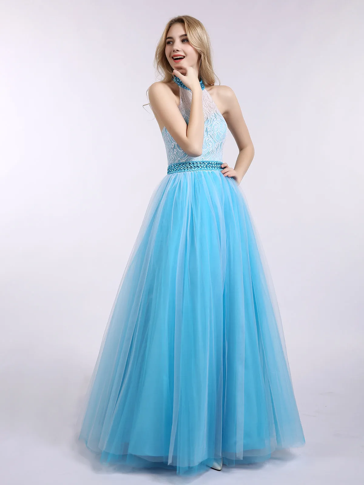 Illusion High Neck Lace and Tulle Dress-Turquoise