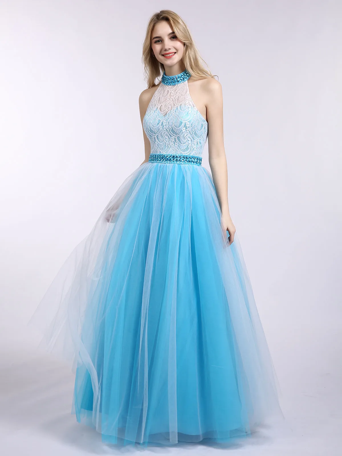 Illusion High Neck Lace and Tulle Dress-Turquoise