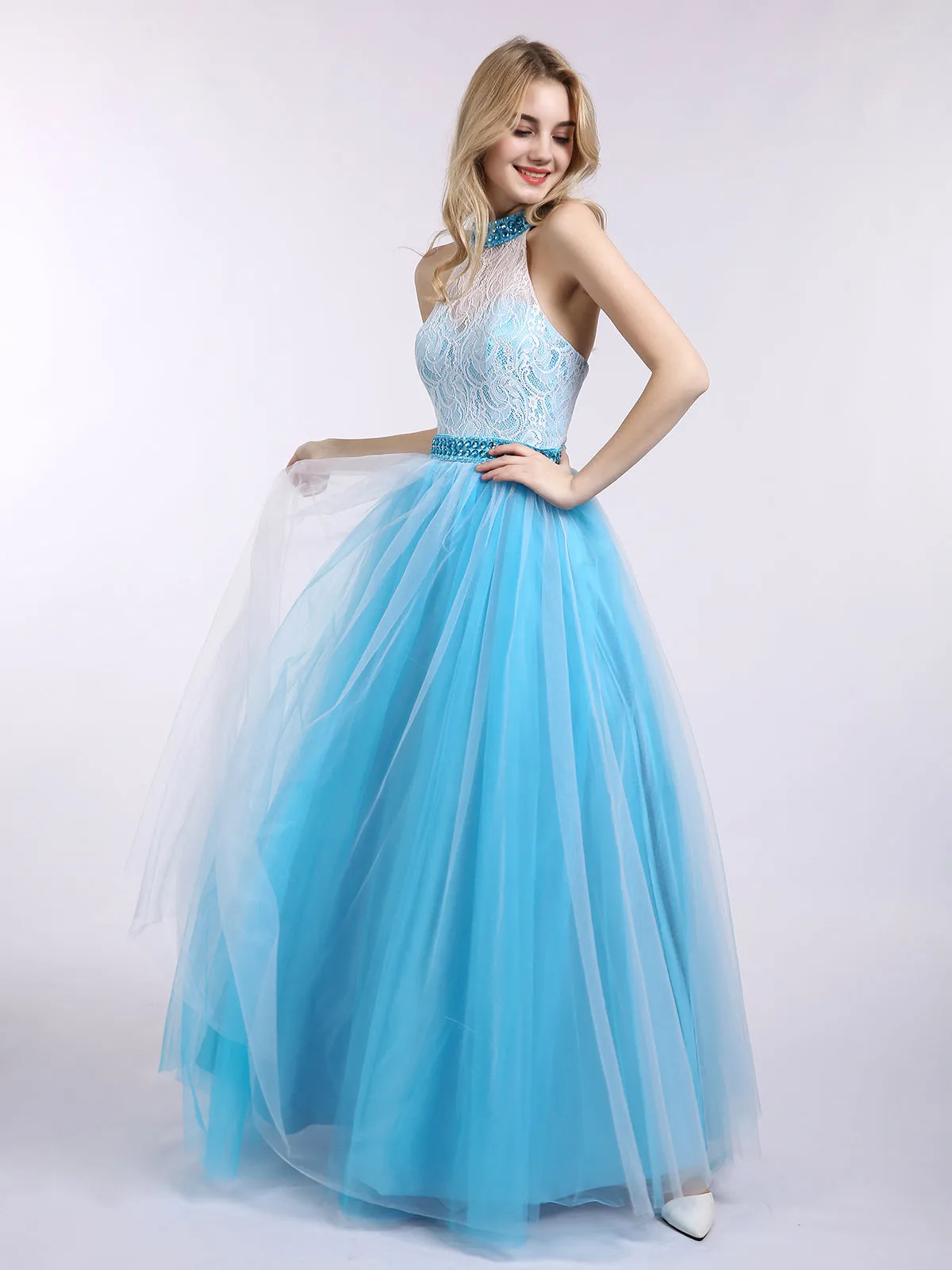 Illusion High Neck Lace and Tulle Dress-Turquoise