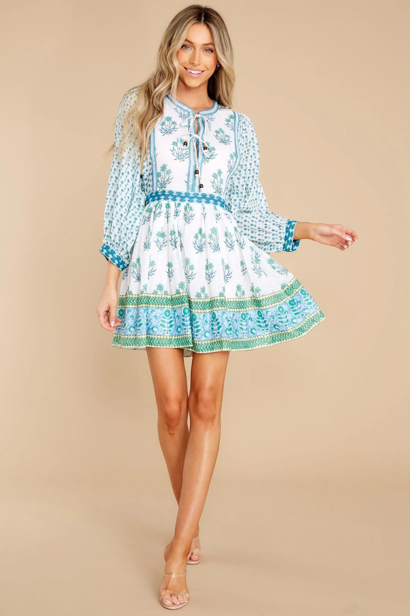 Indica Blue Tie Front Balloon Sleeve Dress