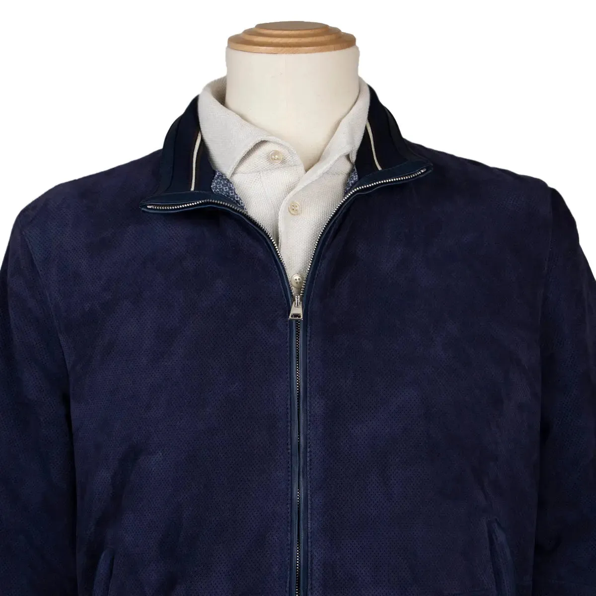 Indigo Perforated Suede Bomber Jacket