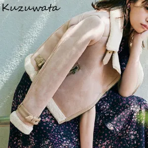 Joskaa Christmas Gift Kuzuwata 2024 Autumn Winter New Women Outwear Warm Plush Lapel Collar Long Sleeve Zippers Short Coats Japan Style Cool Jackets